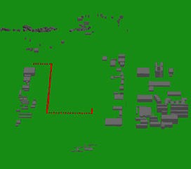 図9 GEONOISEに入力した飛行場周辺の建物形状と音源